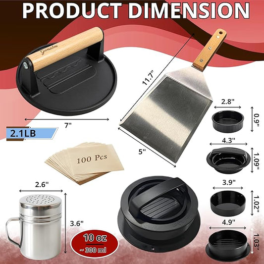 Gamalou® Smash Burger Press Kit: 7” Cast Iron Flat Press, 3-in-1 Hamburger Maker, 6x5” Spatula, Dredge Shaker & 100 Patty Papers for BBQ, Blackstone Griddle, Flat Top, Grill & Frying Pan