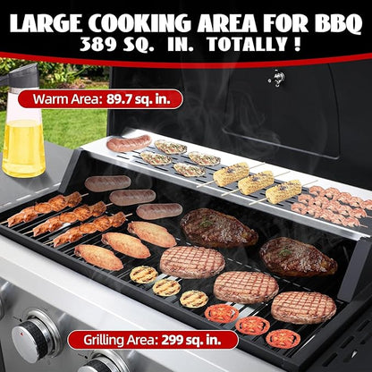 4 Burner Propane Gas Grill, 387 Sq.In Stainless Steel BBQ Grill with Foldable Side Table & Wheels, Portable Outdoor Gas Grill for Backyard Patio Camping, Easy Ignition & Thermometer