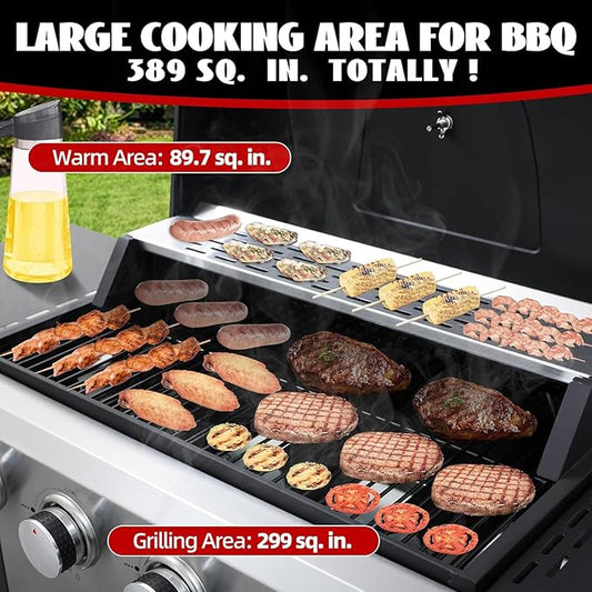 4 Burner Propane Gas Grill, 387 Sq.In Stainless Steel BBQ Grill with Foldable Side Table & Wheels, Portable Outdoor Gas Grill for Backyard Patio Camping, Easy Ignition & Thermometer