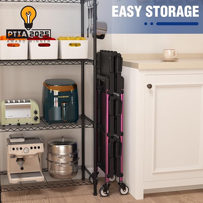 WORKPRO 3-Tier Collapsible Utility Cart, 210 LBS Cart with Wheels | No Assembly Required, Foldable Service Cart with Spacious Shelves for Garage, Warehouse, Office & Home Use, Black/Pink