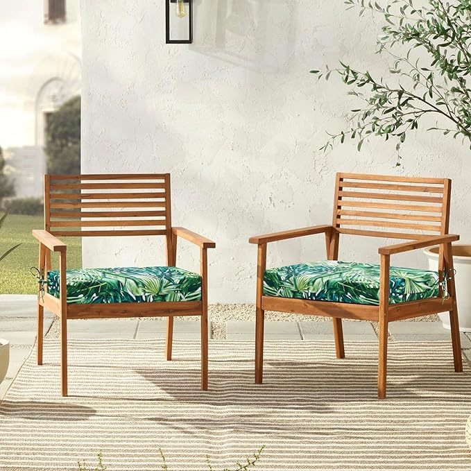 downluxe Outdoor Chair Cushions Set of 6 for Patio Furniture, Water-Resistant Square Corner Patio Chair Cushions with Ties, High Density Foam Outdoor Seat Cushion, 18.5" X 16" X 3", Palm Leaves