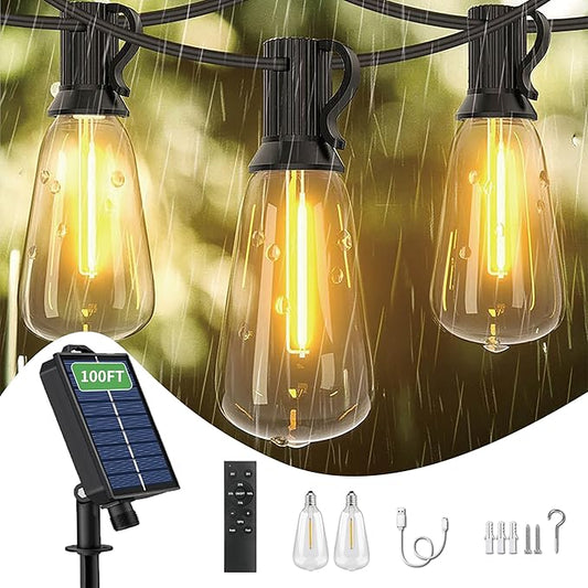 100FT Solar String Lights Outdoor Waterproof, 32 Shatterproof with Edison Bulbs,Solar Powered Outdoor Lights with Remote, LED String SolarLights for Garden, Backyard, Parties