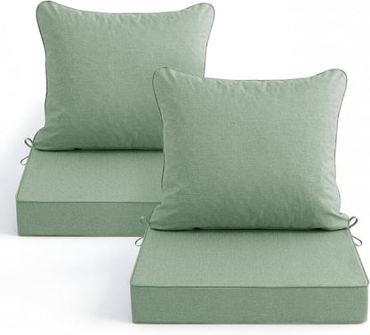 Summsun Outdoor Cushions for Patio Furniture, Faux Linen Water Resistant Backrest and Deep Seat Cushion Set with Removable Cover, Ties, Non-Slip Bottom, 22 x 22 Inch, Sage Green, Set of 2