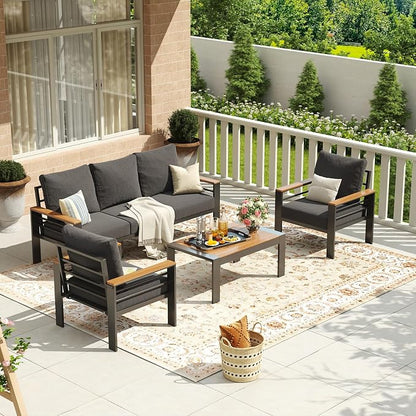 Aoxun Aluminum Patio Furniture Set 5 Seats, Oversized Outdoor Sectional with Washable Thick Cushions, Coffee Table, Patio Conversation Sets for Porch, Balcony, Deck