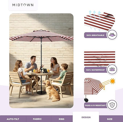 MIDTOWN UMBRELLAS The Lean 8 Feet Outdoor Umbrella With Terylast Red Stripes (Red/White Stripes) Polyester Fabric - 8 Ribs Aluminum Frame Patio Umbrella With Zinc Alloy Crank Lift And Auto-Tilt System