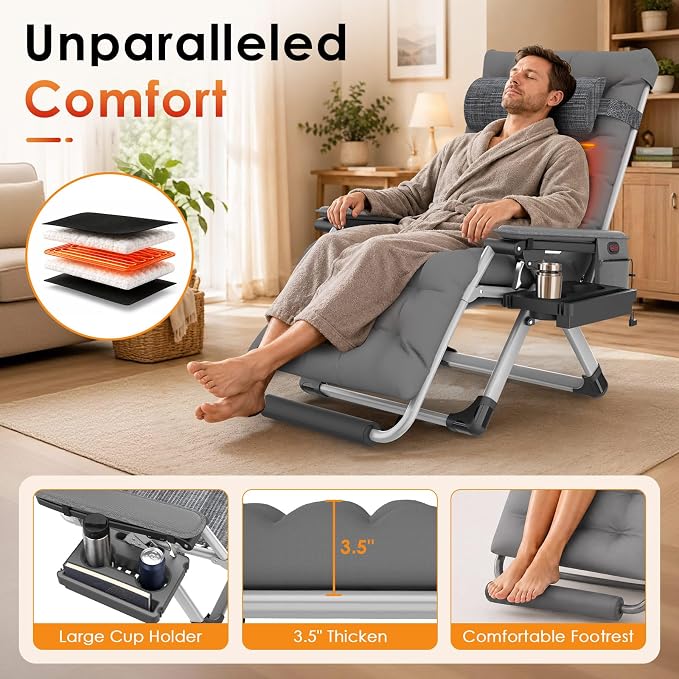 Slendor Heated Oversized Zero Gravity Chairs 33In, XXL Lounge Chair, Gray | Anti Gravity Recliner with 3 Heat Levels for Back & Seat, Headrest & Cup Holder, Folding, Supports 500lbs, (Battery Not)