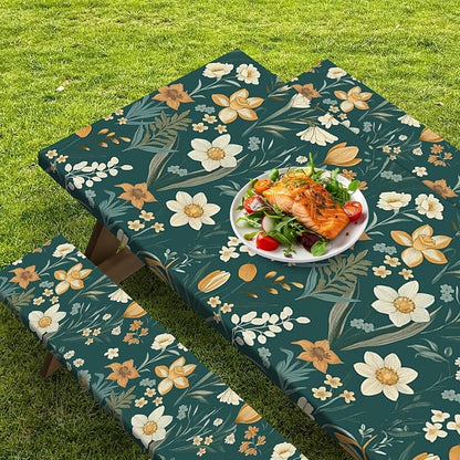 Picnic Table Cover with Bench Covers Elastic Edges, Floral Botanical Camper Fitted Table Cover, Outdoor Camping Essentials 72 Inch 3PCS, Waterproof Camping Fitted Tablecloth with Drawstring Bag