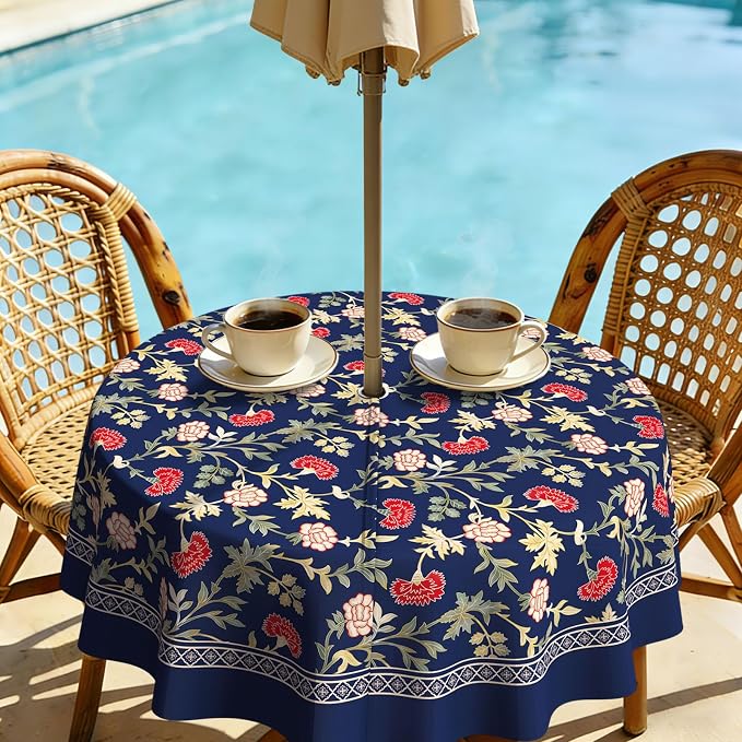Outdoor Tablecloth with Umbrella Hole Elegant Zipper Patio Table Cloth for Outdoor Patio Garden Yard Decor