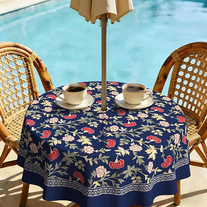 Outdoor Tablecloth with Umbrella Hole Elegant Zipper Patio Table Cloth for Outdoor Patio Garden Yard Decor