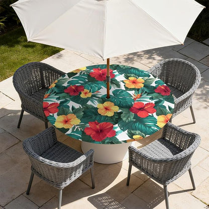 Outdoor Tablecloth with Umbrella Hole and Zipper Fits 45-48" Tables | Waterproof Round Fitted Tablecloth with Elastic Edge, Wipeable Outdoor Table Cover for Patio, Garden, Picnic
