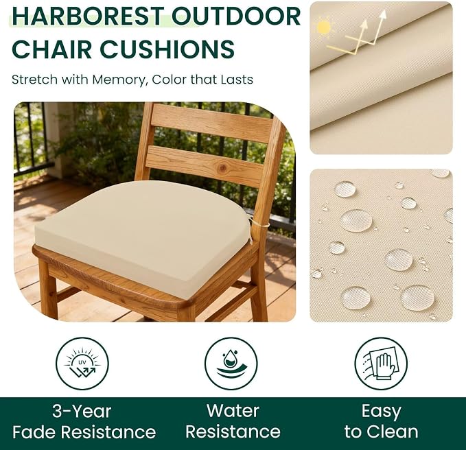 HARBOREST Outdoor Chair Cushions Set of 2, Water Resistant Patio Chair Cushions with Ties, Outdoor Seat Cushions for Patio Furniture, 17"x16"x2", Beige