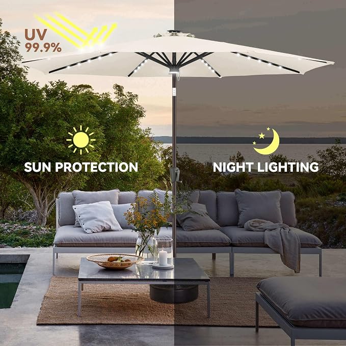 Solar Patio Umbrella with Centre Light, 9 ft Ivory | 40 LED Lights, UV Protection, Solar Outdoor Umbrella for Porch, Deck, Pool, Table, Garden, Provides Evening Lighting