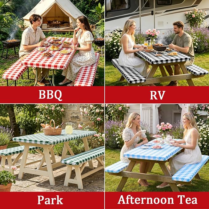 Poise3EHome Picnic Table Cover with Bench Covers, 6 Foot Fitted Elastic Tablecloth Set, Heavy Duty Polyester with TPU Waterproof Backing, Washable Outdoor Picnic Set for Camping, RV & Park(Red&White)