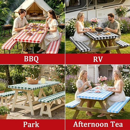 Poise3EHome Picnic Table Cover with Bench Covers, 6 Foot Fitted Elastic Tablecloth Set, Heavy Duty Polyester with TPU Waterproof Backing, Washable Outdoor Picnic Set for Camping, RV & Park(Red&White)