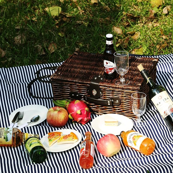 Wicker Picnic Basket Set for 4, Blanket, Cooler Bag, Blue Stripes | Four-Person Wicker Set Includes Tableware, Insulated Food Storage and Waterproof Blanket for Parks, Camping, Dates and Gifts