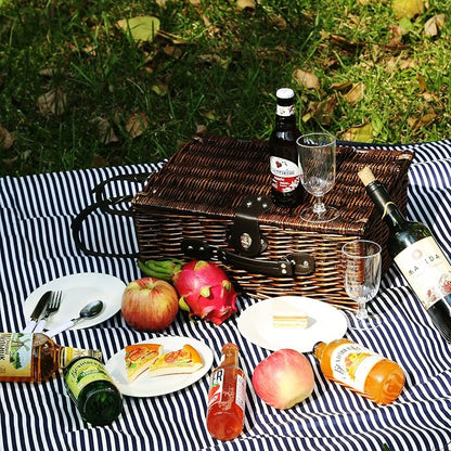 Wicker Picnic Basket Set for 4, Blanket, Cooler Bag, Blue Stripes | Four-Person Wicker Set Includes Tableware, Insulated Food Storage and Waterproof Blanket for Parks, Camping, Dates and Gifts