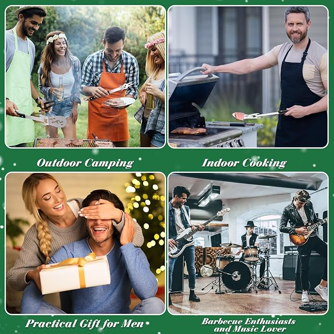 Jingmore 4 Pcs Guitar Gifts for Dad Men Father's Day Grill BBQ Guitar Gift Spatula Tong Fork Heavy Duty Stainless Steel Barbecue Utensils Grilling Accessories Set for Music Lover Enthusiast Birthday