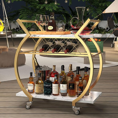 LVB Gold Bar Cart with Wheels, Modern White Marble Home Bar Serving Cart | Drink Cart with Wine Rack, Metal Wooden Beverage Cart, Rolling Kitchen Cart for Home Dining Room,Gold White Marble