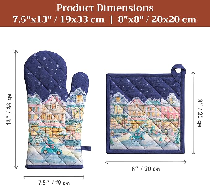 Maison d' Hermine 100% Cotton Oven Mitt & Pot Holder Set (7.5"x13" & 8"x8") | Heat Resistant BBQ Cooking Gloves with Loop Baking Kitchen Home Farmhouse Thanksgiving Christmas - Christmas Market - Blue