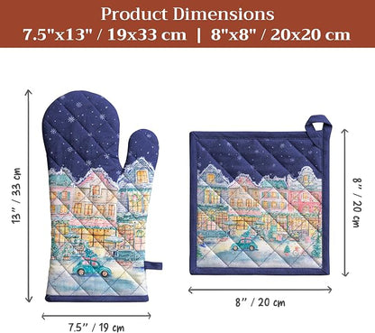 Maison d' Hermine 100% Cotton Oven Mitt & Pot Holder Set (7.5"x13" & 8"x8") | Heat Resistant BBQ Cooking Gloves with Loop Baking Kitchen Home Farmhouse Thanksgiving Christmas - Christmas Market - Blue