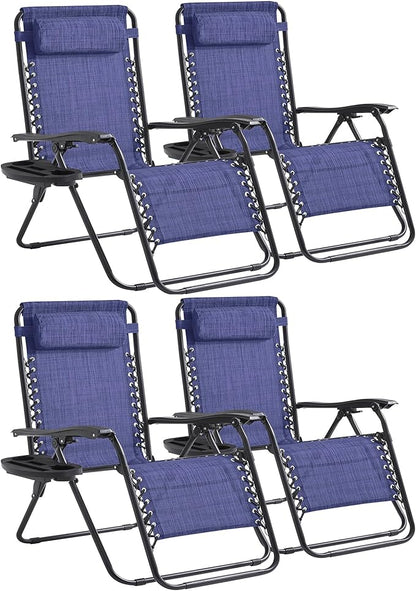 Zero Gravity Chair Set of 4 Oversized Folding Recliner, Padded Anti Gravity Lounge Chair with Adjustable Pillow & Cup Holder for Outdoor Camping, Patio, Poolside, Lawn (Blue)