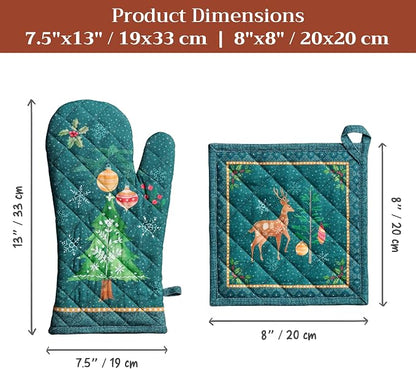 Maison d' Hermine 100% Cotton Oven Mitt & Pot Holder Set (7.5"x13" & 8"x8") | Heat Resistant BBQ Cooking Gloves with Loop Baking Grilling Kitchen Home Farmhouse Thanksgiving Christmas - Hygge Christmas