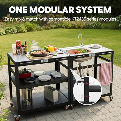 FEASTO 35-Inch Outdoor Grill Cart with Stainless Steel Sink, Rolling BBQ Prep Table with Faucet, Storage Shelves and Lockable Wheels for Patio, Backyard and Outdoor Cooking, Silver & Black | Rolling BBQ Prep Table with Faucet, Storage Shelves and Locka...
