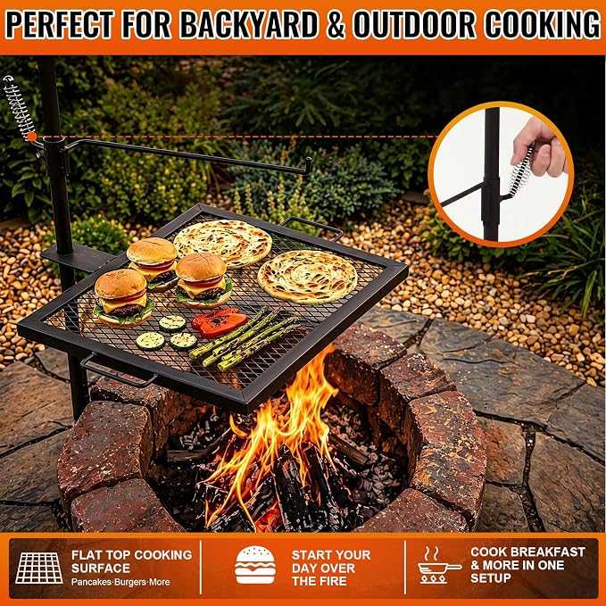 18.5"x16.4" Campfire Grill Grate, Heavy Duty Over Open Fire Cooking Grate with Adjustable Height & 360° Swivel, Portable Foldable BBQ Rack for Outdoor Camping, Tailgating & Patio