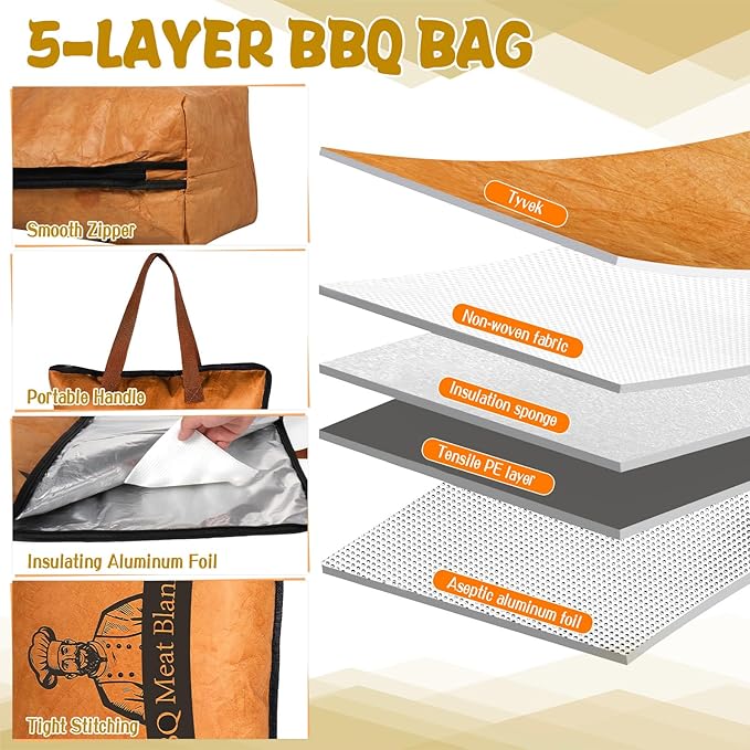 21 Inch BBQ Blanket for Resting Meat, 5-Layer Thicker Insulated Meat Resting Bag, Reusable Brisket Blanket with 50 Greaseproof Paper Aluminum Foil Handle and Zipper for Outdoor Picnic Party Grill