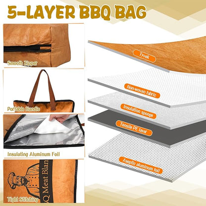 21 Inch BBQ Blanket for Resting Meat, 5-Layer Thicker Insulated Meat Resting Bag, Reusable Brisket Blanket with 50 Greaseproof Paper Aluminum Foil Handle and Zipper for Outdoor Picnic Party Grill