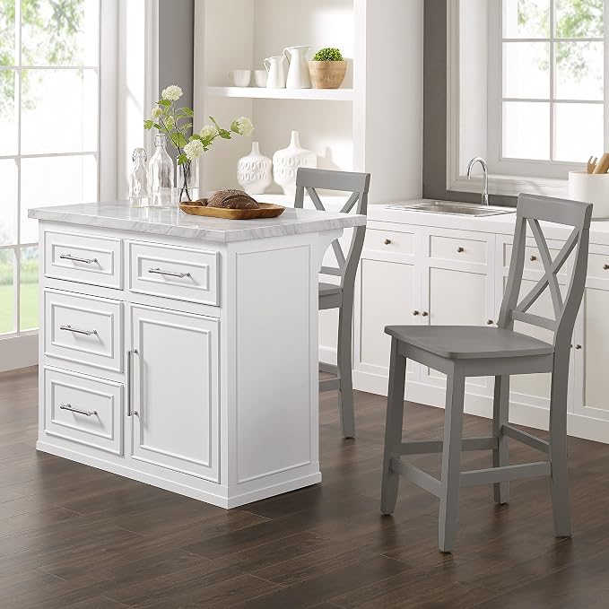 Crosley Furniture Cutler Kitchen Island with Faux Marble Top and X-Back Stools, White/Gray