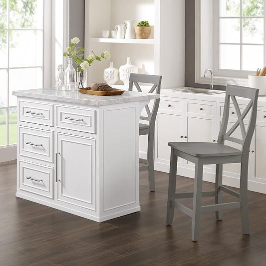 Crosley Furniture Cutler Kitchen Island with Faux Marble Top and X-Back Stools, White/Gray