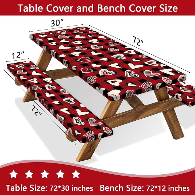 Valentines Day Picnic Table Cover with Bench Covers, Camping Essentials, Heart Buffalo Plaid Outdoor Table Covers, Waterproof Windproof, Fitted Tablecloth Cover with Elastic Edge, 3 PCS, 30x72 Inch