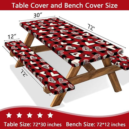 Valentines Day Picnic Table Cover with Bench Covers, Camping Essentials, Heart Buffalo Plaid Outdoor Table Covers, Waterproof Windproof, Fitted Tablecloth Cover with Elastic Edge, 3 PCS, 30x72 Inch