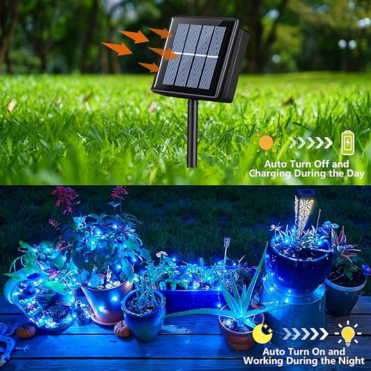 YEGUO 4 Pack Blue Solar Fairy Lights, Each 33ft 100 LED Christmas Lights Outdoor Waterproof, 8 Modes Sliver Wire Solar String Lights