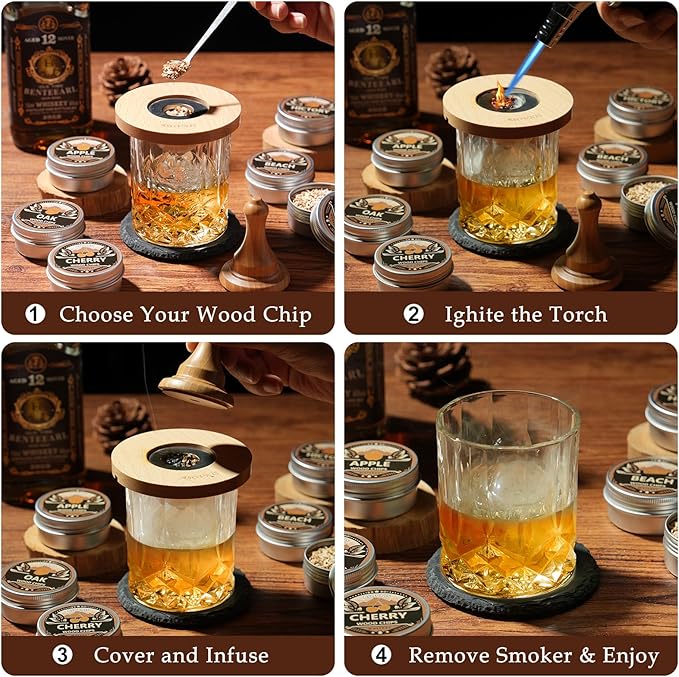 Whiskey Smoker Kit with Torch - 6 Flavors Wood Chips, 2 Glasses, Cocktail Smoker Infuser Kit, Old Fashioned Drink Smoker Kit, Birthday Valentine's Day Bourbon Whiskey Gifts for Men, Dad(No Butane)