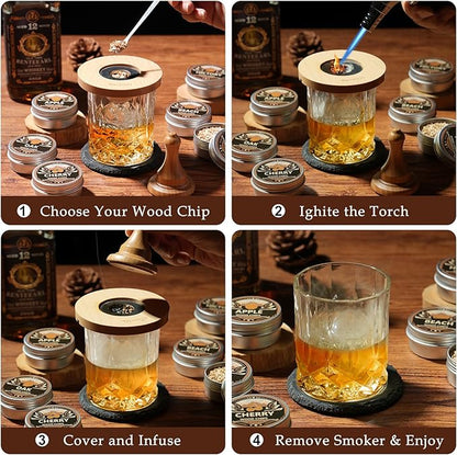 Whiskey Smoker Kit with Torch - 6 Flavors Wood Chips, 2 Glasses, Cocktail Smoker Infuser Kit, Old Fashioned Drink Smoker Kit, Birthday Valentine's Day Bourbon Whiskey Gifts for Men, Dad(No Butane)