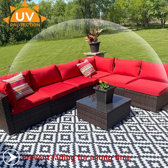 Outdoor Cushion Covers Replacement 14 Pcs, Red | Patio Cushion Covers fit for 7Pieces 6-Seater Wicker Rattan Sectional Couch Sofa Outdoor Cushion Slipcovers