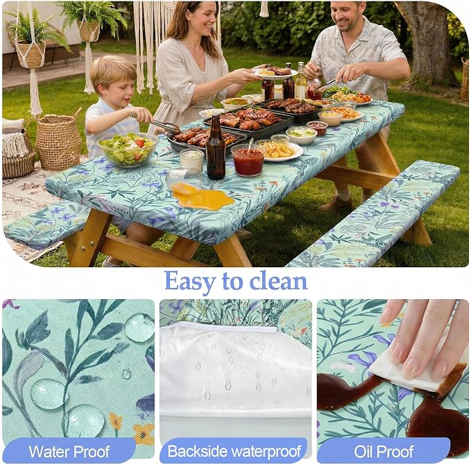 Picnic Table Cover with Bench Covers Camping Essentials Waterproof Windproof Camping Tablecloth with Drawstring Bag, Fitted Rectangle Tables and Seats, 72in, Gray Blue
