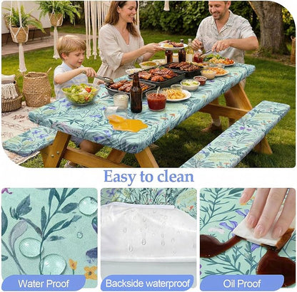 Picnic Table Cover with Bench Covers Camping Essentials Waterproof Windproof Camping Tablecloth with Drawstring Bag, Fitted Rectangle Tables and Seats, 72in, Gray Blue