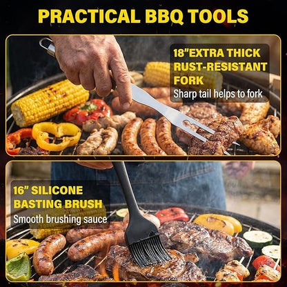 Yekale BBQ Grill Accessories Set, Grill Tools Grilling Accessories Grilling Gifts for Men - Spatula, Fork, Brush, Tongs & Cleaning Brush - Outdoor Barbecue Utensils Gifts for Men Dad Him (Wood)