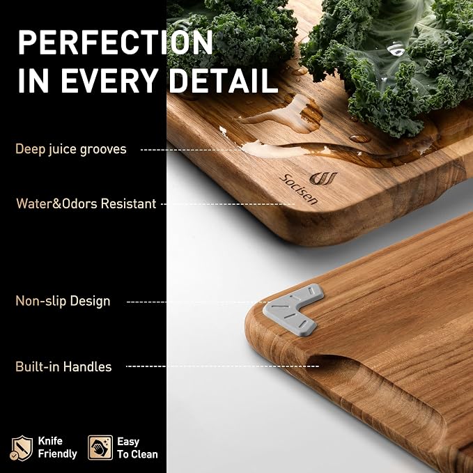 2 Pack Teak Cutting Boards for Kitchen Wood Wooden Cutting Board Non Slip | Non Toxic, Over Sink, NOT Bamboo Stainless Steel Titanium Acrylic Acacia Olive, Space-Saving, Kitchen Gift for Mom