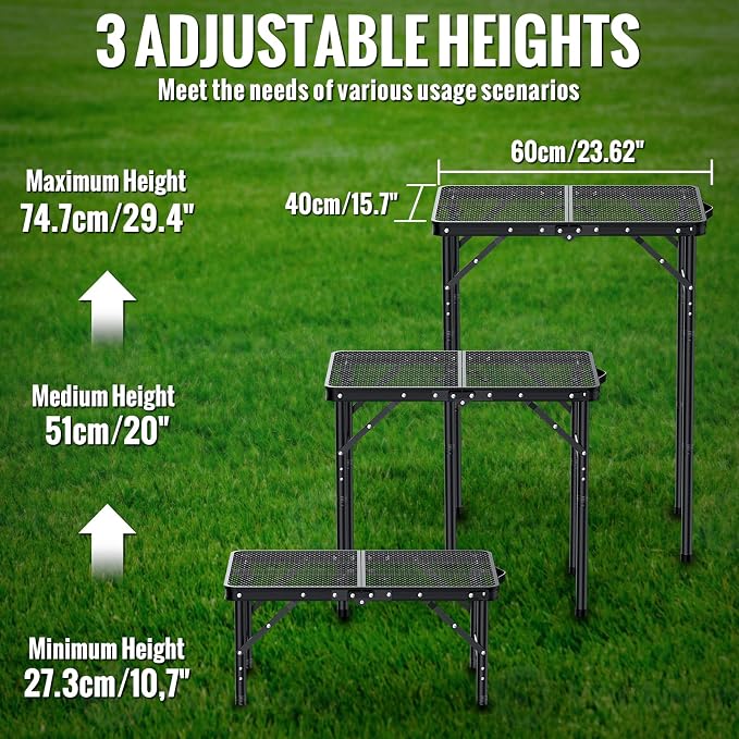 GARLLEN Folding Grill Table, 3 Adjustable Height Lightweight Camping Table with Heat-Resistant Tabletop, Portable Aluminum Picnic Tables for BBQ, Beach, Travel, 23.6" L x 15.7" W, Threaded Install