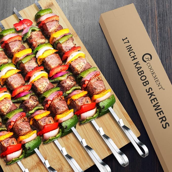 Kabob Skewers 17" Stainless Steel Long BBQ Barbecue Skewers | Flat Metal Kebob Sticks Wide Reusable Grilling Skewers for Meat Chicken,Set of 12 with Storage Bag