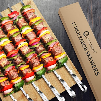 Kabob Skewers 17" Stainless Steel Long BBQ Barbecue Skewers | Flat Metal Kebob Sticks Wide Reusable Grilling Skewers for Meat Chicken,Set of 12 with Storage Bag