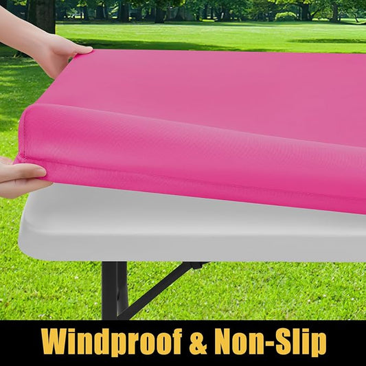 Smiry Rectangle Picnic Table Cloth, Waterproof Elastic Fitted Tablecloths for 6 Foot Tables, Washable Polyester Table Cover for Camping, Indoor and Outdoor (Rose Pink, 30"x72")
