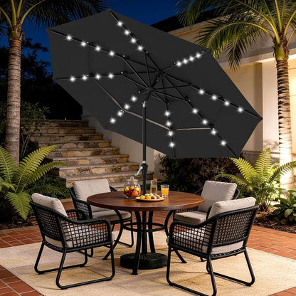 JEAREY 9 ft 3-Tier Outdoor LED Lighted Patio Umbrella w/Crank, Black | Solar Market Table Umbrella with 8 Sturdy Ribs, UV Protection Waterproof Sunproof for Garden, Deck and Backyard