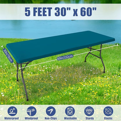 Moosfor Spandex 5 Foot Rectangle Table Cloth, Elastic Fitted Tablecloths for Picnic, Stretch Washable Patio Table Cover for Outdoor, Camping, Banquet and Parties (Peacock Blue, 30"x60")