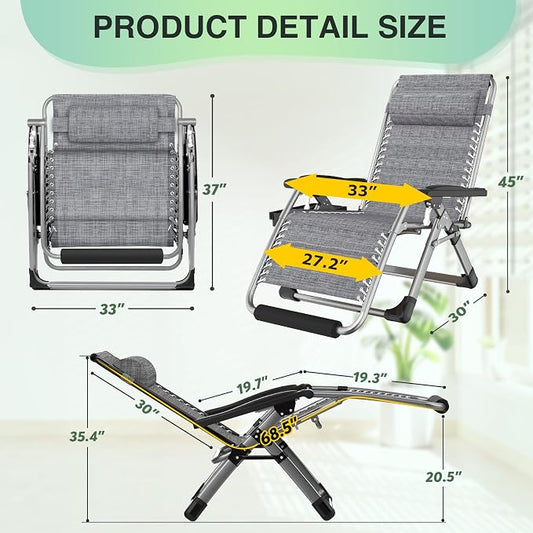 Suteck Oversized Zero Gravity Chair,500LBS 33In XXL Outdoor Recliner Chairs | w/Removable Cushion&Headrest, Camping Lounge Chair w/ Upgraded Lock&Footrest, Reclining Patio Chairs for Indoor Outdoor