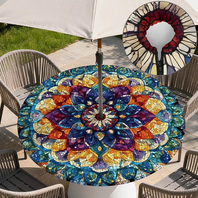 Outdoor Tablecloth with Umbrella Hole and Zipper Fits 53-60" Tables | Waterproof Round Fitted Tablecloth with Elastic Edge, Wipeable Outdoor Table Cover for Patio, Garden, Picnic